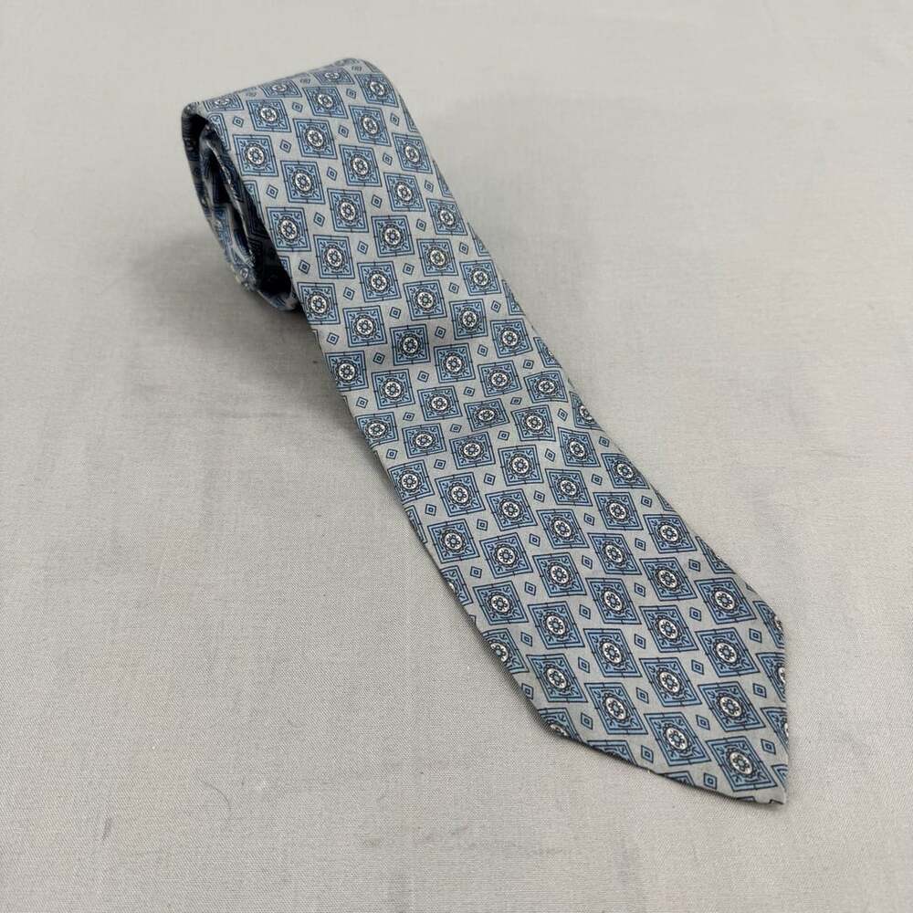 Christian Dior Cravates Silk Necktie Blue Grey Geometric Medallion Pattern